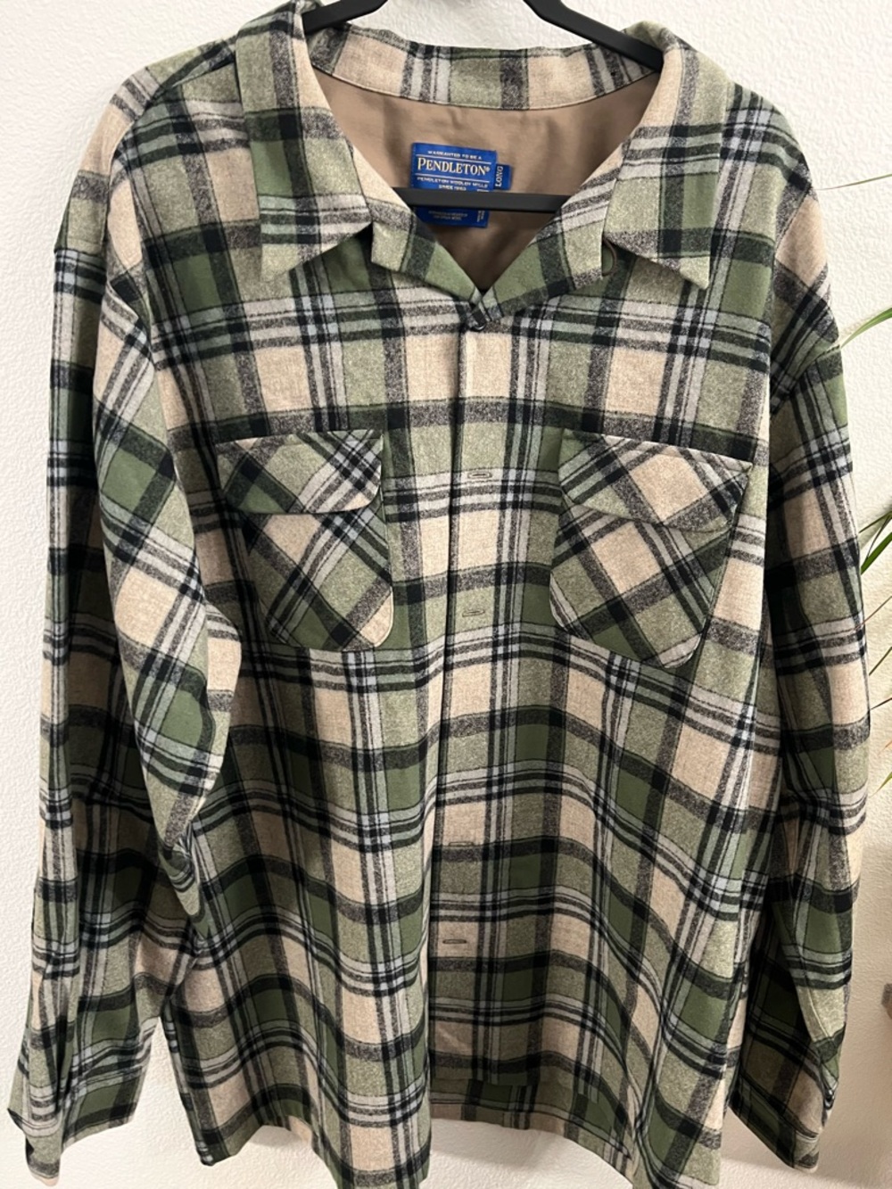 Pendleton Board Shirt Wool Plaid Green Beige XXXL Long Button Up